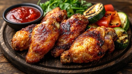 Delicious Roasted Chicken Wings with Fresh Vegetables and Sauce.