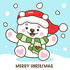 cute polar bear play snow christmas animal kawaii cartoon winter season

