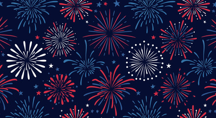 Patriotic Celebration: Seamless Pattern of Red, White, and Blue Fireworks on Dark Background