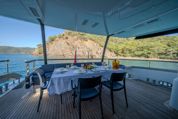 Elegant interior design of a luxury yacht featuring modern furnishings