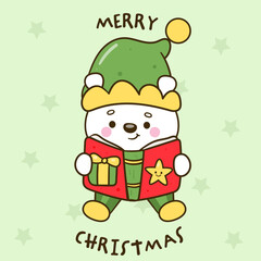 cute polar bear elf read book bookish christmas animal kawaii cartoon winter season

