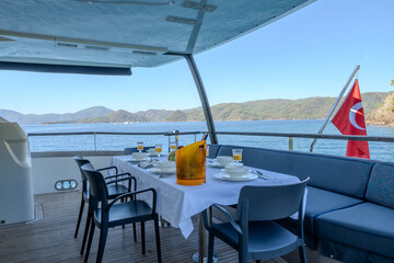 Elegant interior design of a luxury yacht featuring modern furnishings