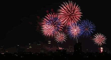 Spectacular Fireworks Display over Cityscape at Night Celebration and Festive Mood