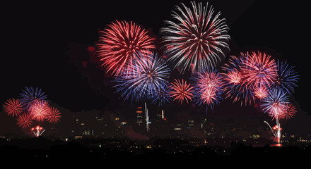 Spectacular fireworks illuminate the night sky above a silhouetted cityscape