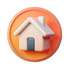 Fototapeta premium 3D home icon with white roof and dark door on orange circular button isolated on transparent background for real estate apps