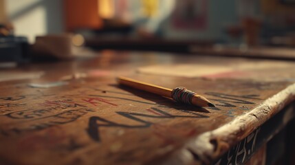 Worn pencil on graffiti covered wooden desk
