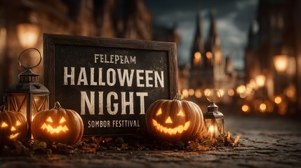 Halloween festival Instagram post with glowing pumpkins, haunted house background, and bold &ldquo;Halloween Night&rdquo; text