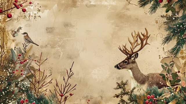 A peaceful scene with a deer and a bird coexisting in a dense forest