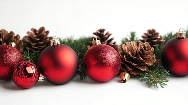 A row of red Christmas ornaments with pine cones, perfect for holiday decorations and gifts