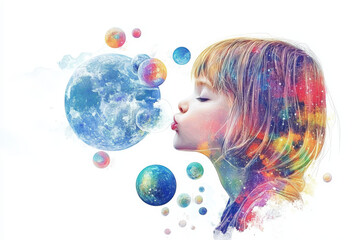 Naklejka premium Little girl blowing bubbles with a galaxy-inspired design, whimsical art. This colorful illustration depicts a child blowing bubbles that resemble planets and galaxies, creating a magical scene