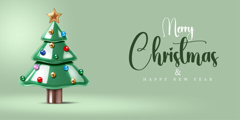 merry christmas and happy new year concept background design with 3D shiny christmas tree. vector illustration christmas festival celebration background.