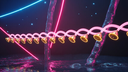 Golden bells on pink neon tube with blue neon light and water image