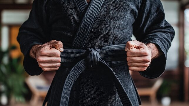 Martial artist in black uniform tying belt, ready for training.