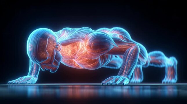 3D muscular skeletal system anatomy man doing push ups workout exercise