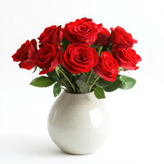 Vibrant red roses in a simple white vase.