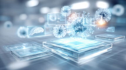 Computer chip healthcare virus hologram futuristic medical technology data visualization laboratory research