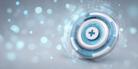 Futuristic medical technology healthcare concept glowing circular interface with cross icon and abstract bokeh light