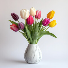 Vibrant tulips in a modern marble vase.