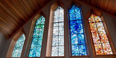 Vibrant and Colorful Abstract Stained Glass Windows Art Pattern in a Beautiful Church Interior