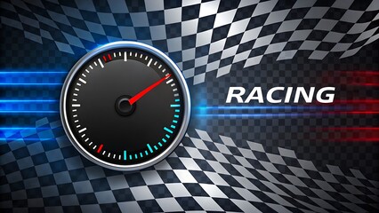 Racing background with speedometer and checkered flag motion design
