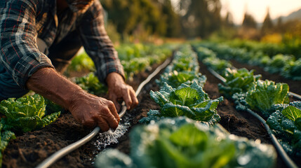 Farmer using drip irrigation on vegetable field representing sustainable agriculture water conservation eco farming practices and authentic rural environment resource management