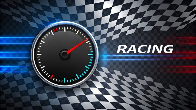 Racing background with speedometer and checkered flag motion design

