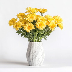 Vibrant yellow flowers in a marble vase.