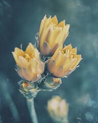 Close-up of three pale yellow flowers clustered on a stem. Soft focus, vintage-style image