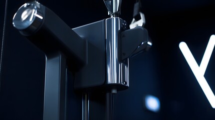 bodybuilding. Modern gym weight machine with chrome and black design, angled view under professional lighting. lifestyle magazines.