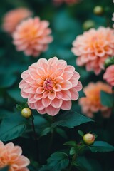 Close-up of vibrant peach-colored dahlias, soft focus, lush green foliage