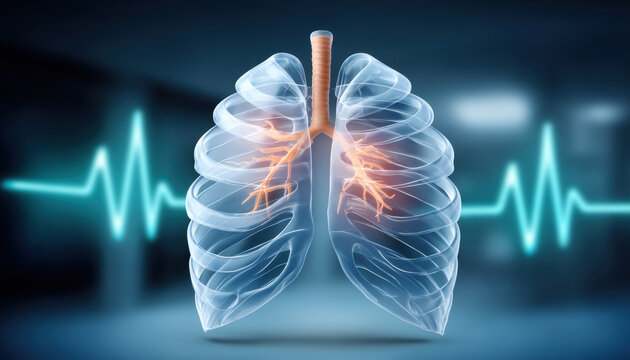 Transparent lungs medical illustration showing bronchial tree and heartbeat pulse healthcare visualization breathing anatomy patient care