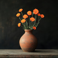 Beautiful orange flowers in clay vase.
