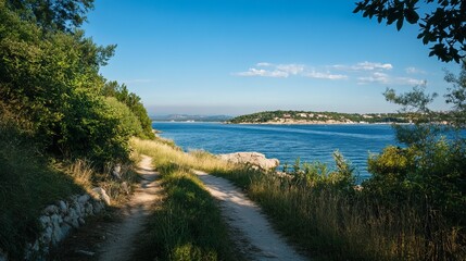 Coastal path winds through greenery to a tranquil sea