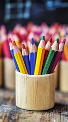 Colorful pencils in a wooden cup, blurred background