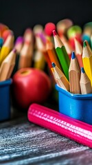 Colorful pencils and crayons in containers, with a red apple