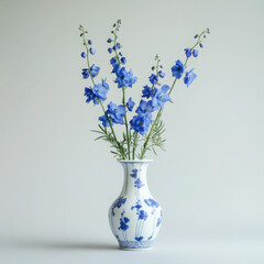Delicate blue flowers in a traditional vase.