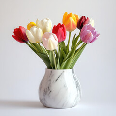 Colorful tulips in a modern marble vase.