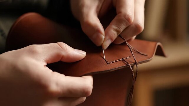 Hands stitching leather piece in traditional craftsmanship