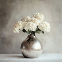 Elegant white flowers in a silver vase.