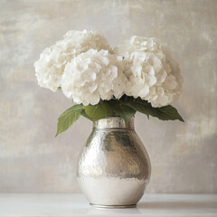 Elegant white hydrangeas in silver vase.