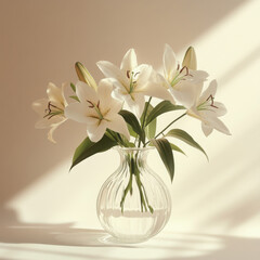 Elegant white lilies in a glass vase.
