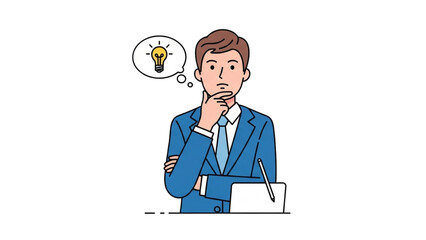 Businessman in a suit thinking with a lightbulb representing an idea or innovation