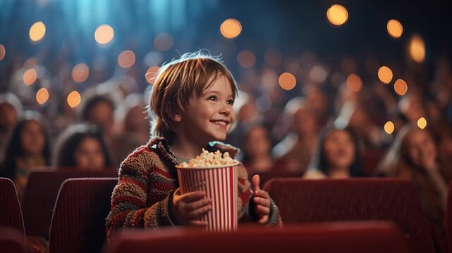 4k video of a child watching a movie in the cinema while eating popcorn.