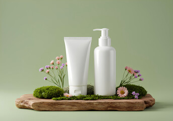 Cosmetic tube and pump bottle mockup on wooden slab with moss and flowers, elegant organic skincare setup