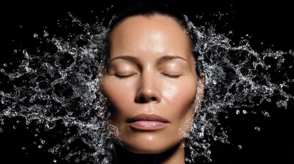 Fototapeta premium A serene Asian woman stands with her eyes closed, surrounded by sparkling water droplets that create a stunning visual around her