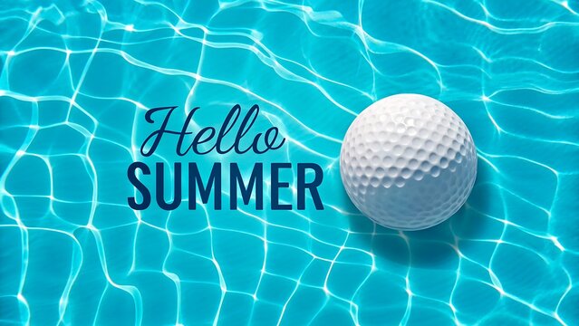 Golf ball floating in blue water with hello summer text