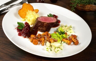 Deer with Vegetables on Cranberry Sauce