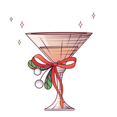 Elegant holiday cocktail glass with red ribbon, berries, and mistletoe. Vector festive drink illustration for New Year or Christmas celebration design.