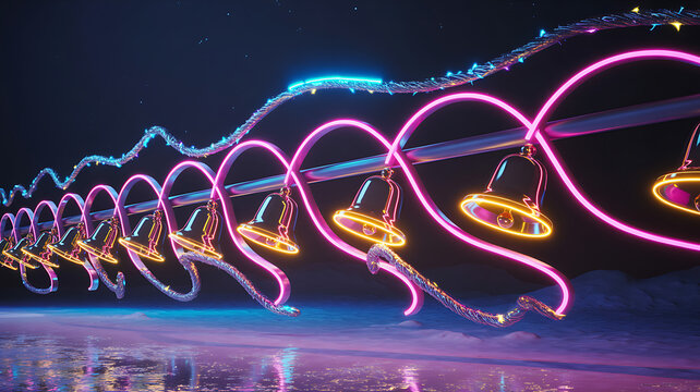 Row of shiny bells with neon pink and blue lights on a dark background Christmas holiday