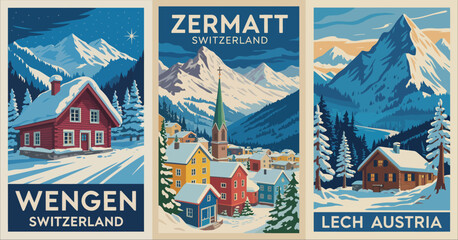 Set of Retro Ski Travel Posters Featuring Zermatt, Wengen, Switzerland, Lech Austria with Vintage Vector Colorful Illustrations for Winter Holidays and Active Lifestyle Designs.